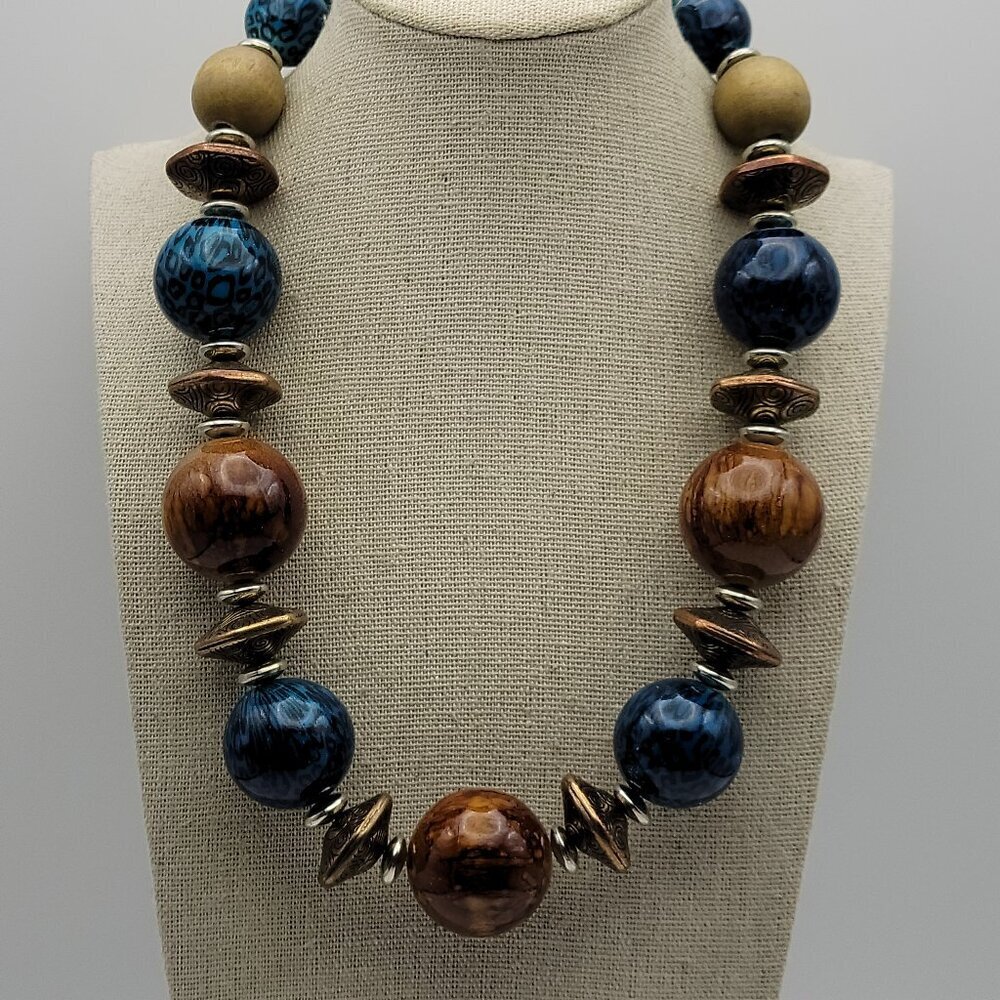 Chunky Beaded Necklace Silver Tone Brown And Blue Faux Wood 20" Boho Ethnic